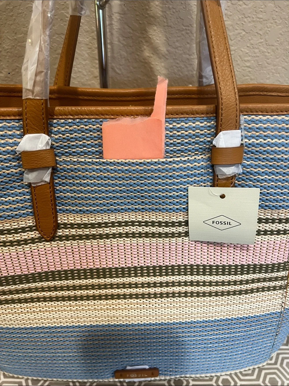 Fossil Blue, Pink & Tan Striped Woven Tote Charlie large tote